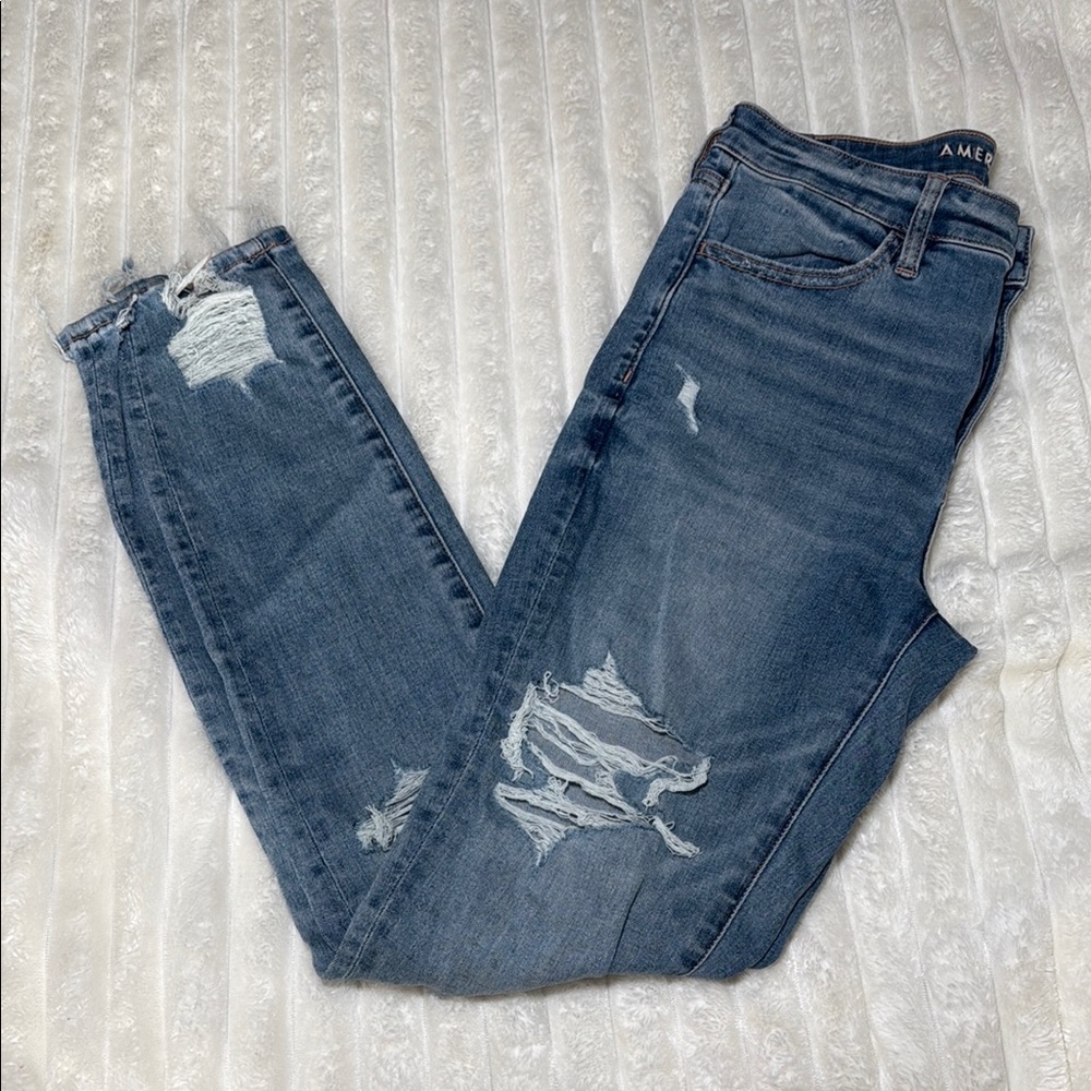 American Eagle Outfitters Blue Skinny Jeans with Distressed Details